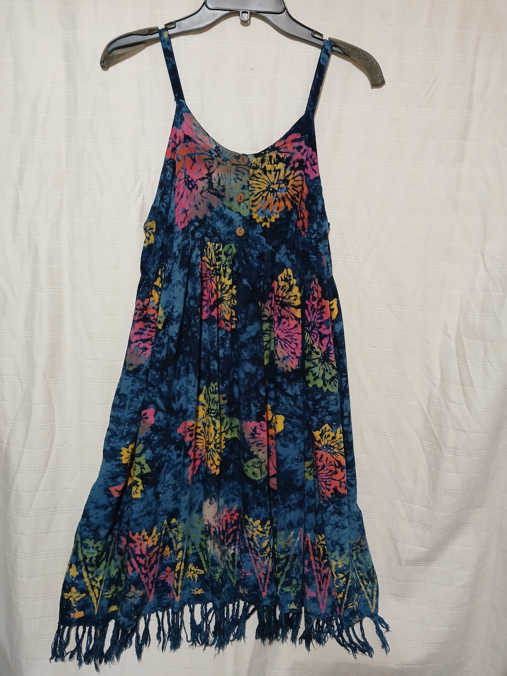 Ladies Blue Tie-Dye Floral Sundress with Fringe